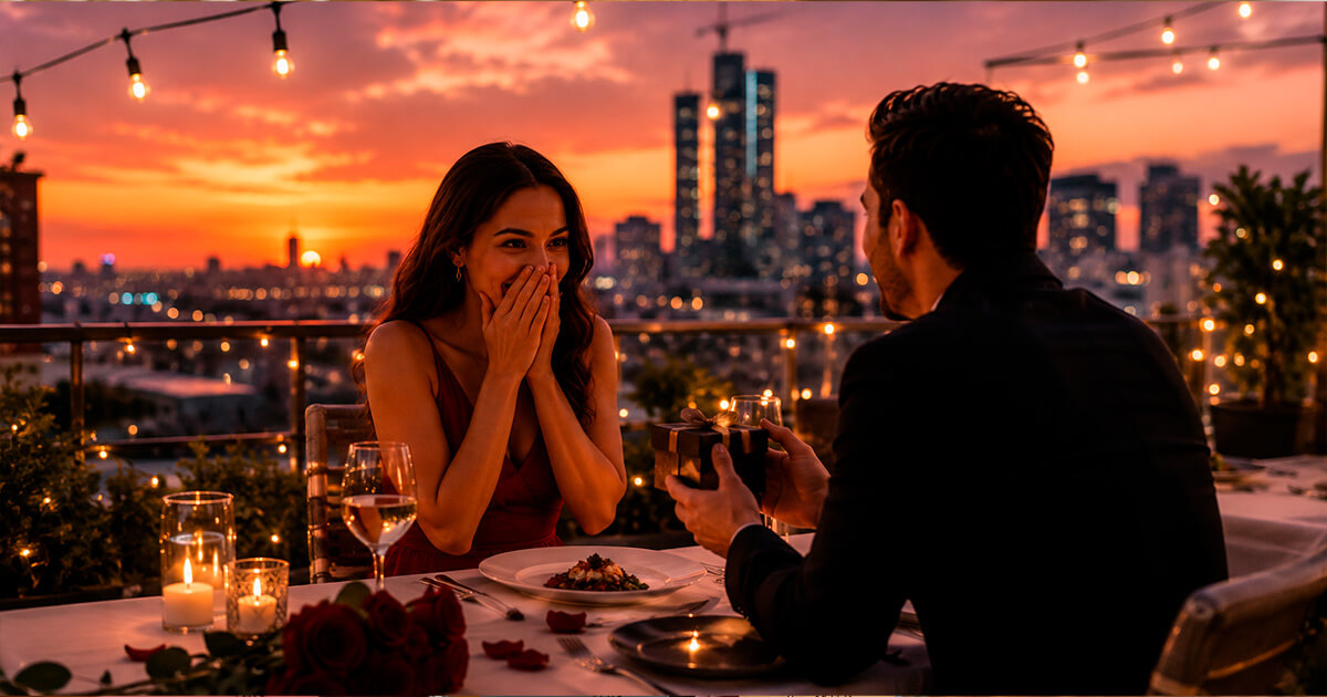 Couple on a surprise anniversary date at a rooftop restaurant at sunset