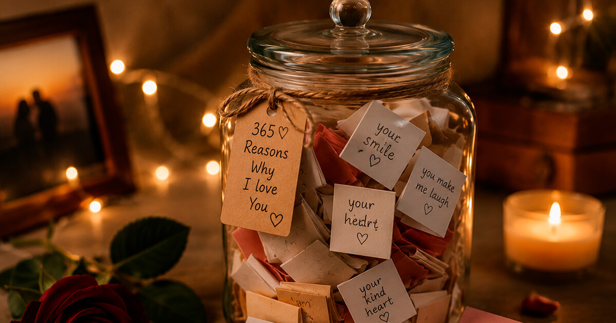 Glass memory jar filled with handwritten notes as a romantic anniversary gift