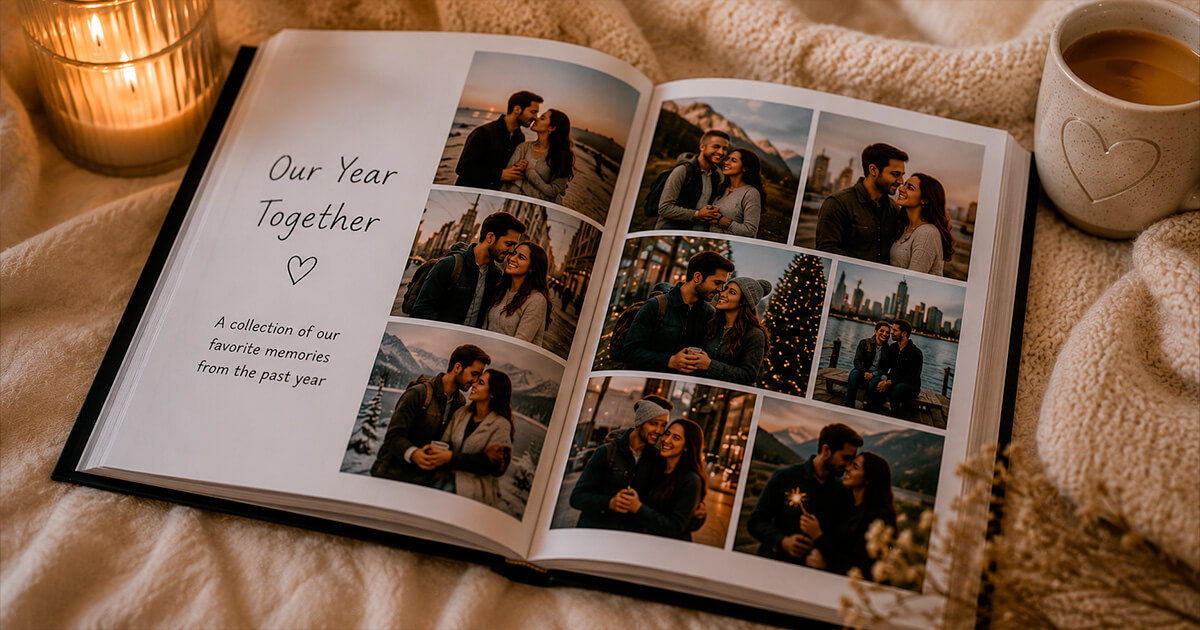 Open anniversary photo book showing a couple's favorite memories from the past year