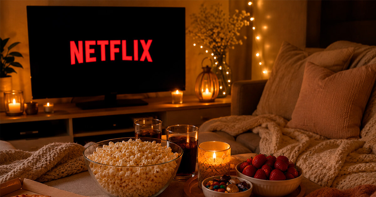 Cozy at-home date night with candles, snacks and a movie set up on the sofa