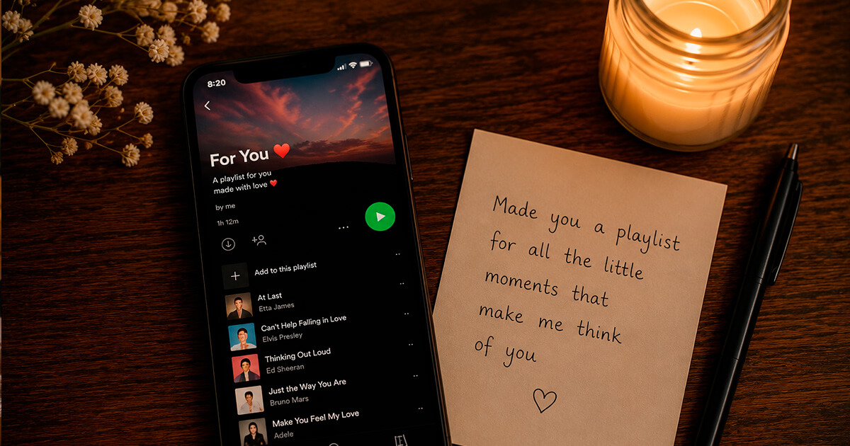 Phone showing a custom playlist next to a handwritten note for a romantic gift