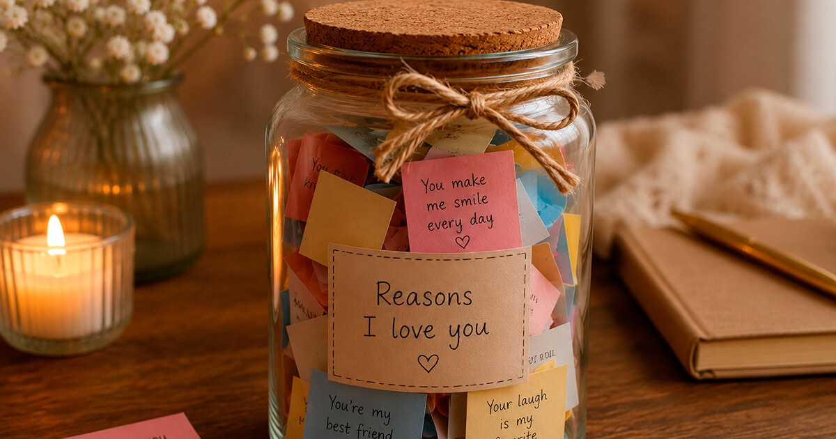 Glass jar filled with folded handwritten notes as an affordable romantic gift