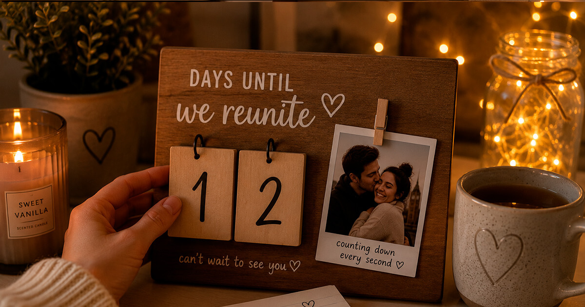 Wooden countdown calendar marking the days until a long-distance couple reunites