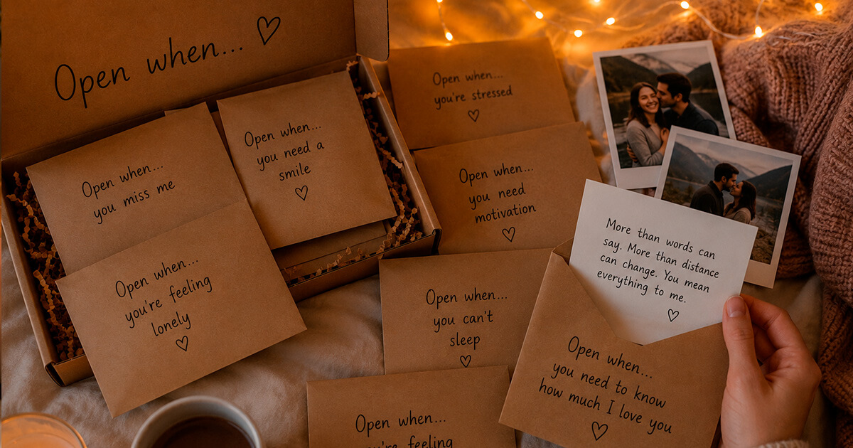 Set of open-when letters labeled for different moods as a long-distance gift