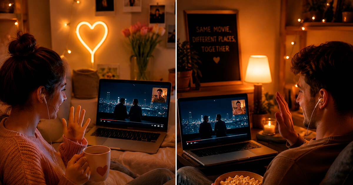 Couple on a video call having a synced movie night across long distance