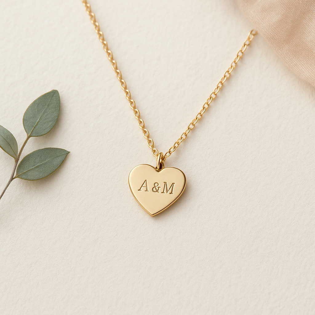 Custom gold heart necklace engraved with initials, a romantic gift for your girlfriend