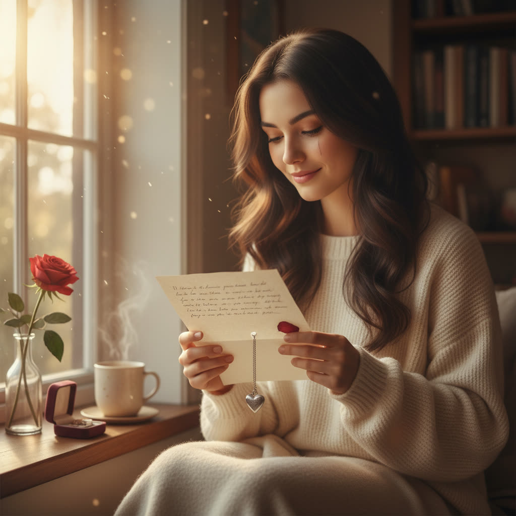 Woman reading a handwritten love letter by a sunny window, a thoughtful romantic gift for her