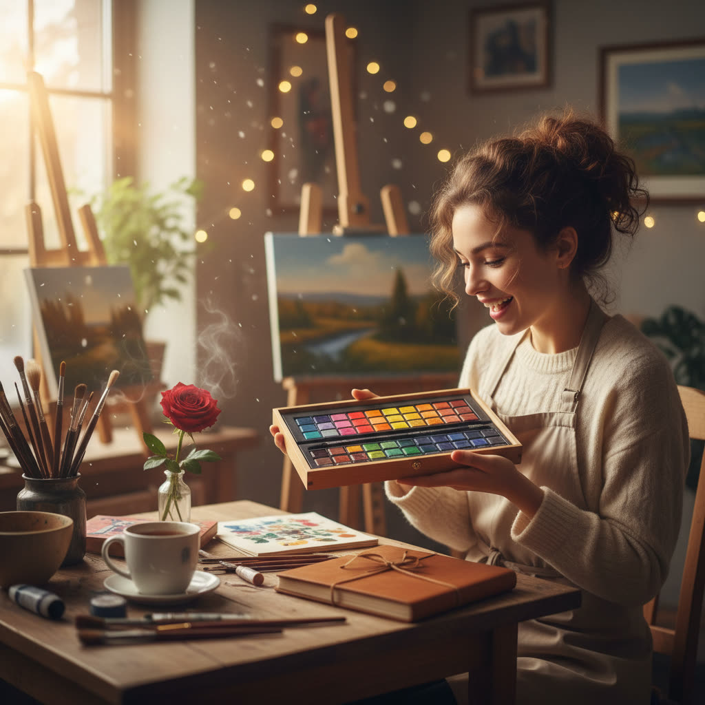Woman painting at an easel with a new art set, a hobby-based romantic gift