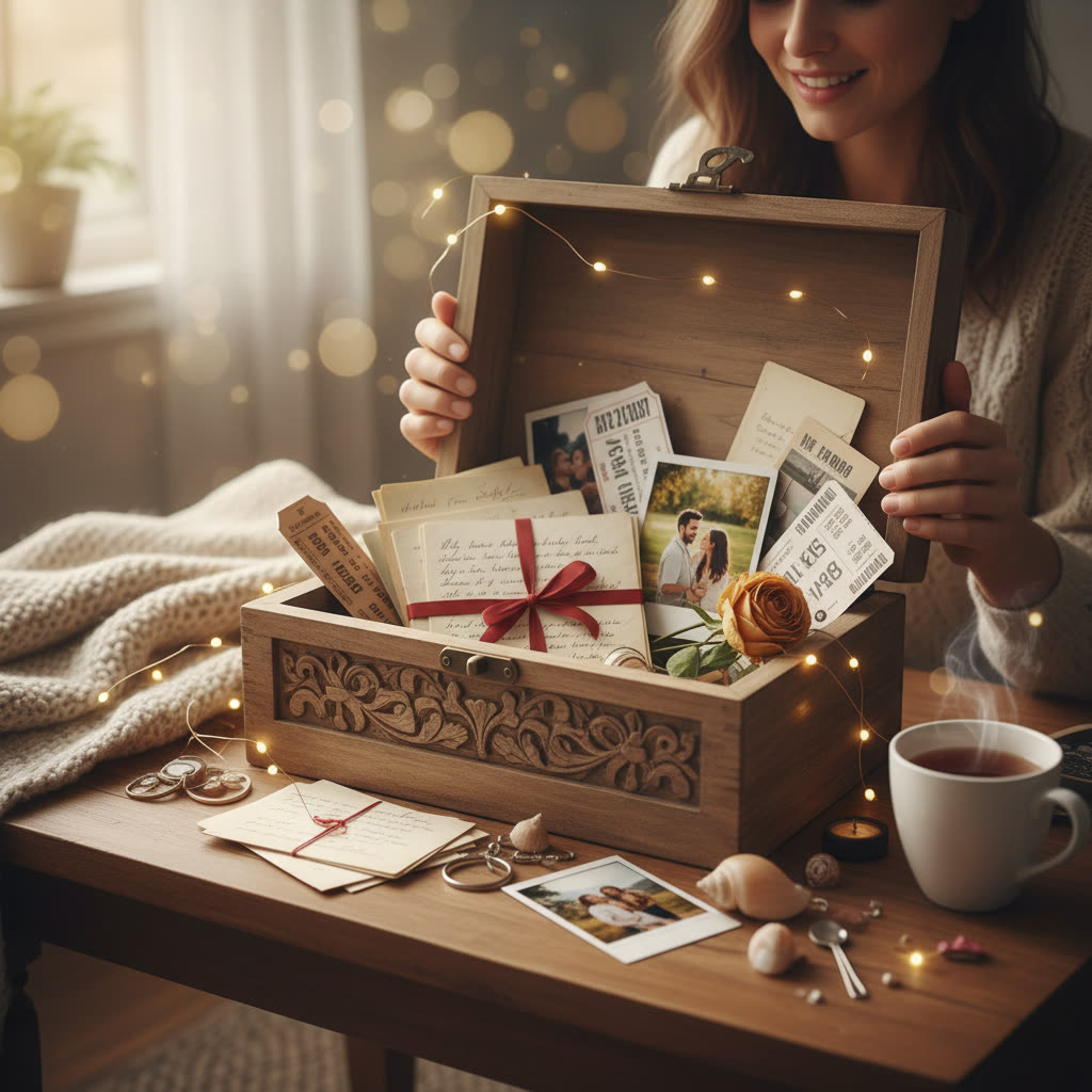 Woman opening a wooden memory box filled with keepsakes, notes, and photos