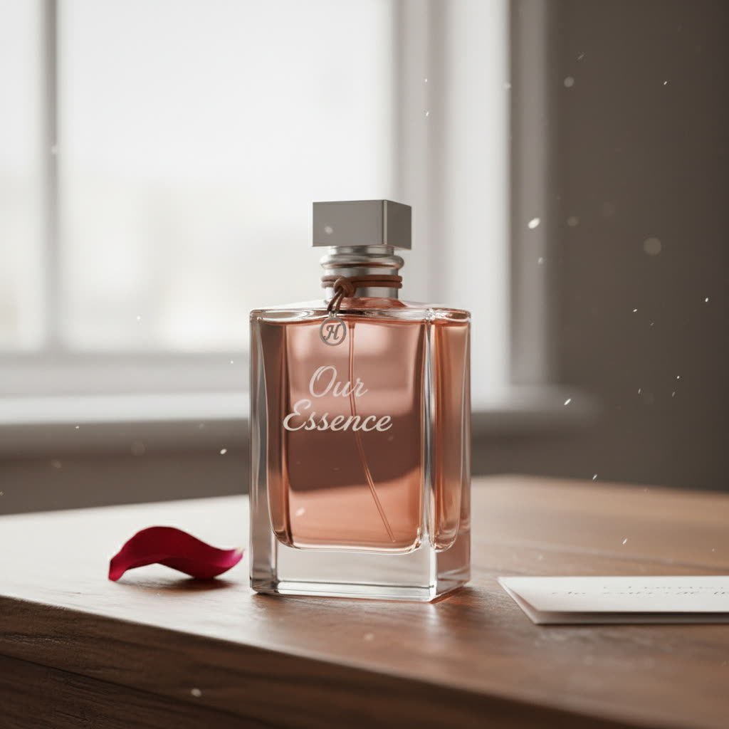 Personalized perfume bottle on a wooden table, an intimate romantic gift for her