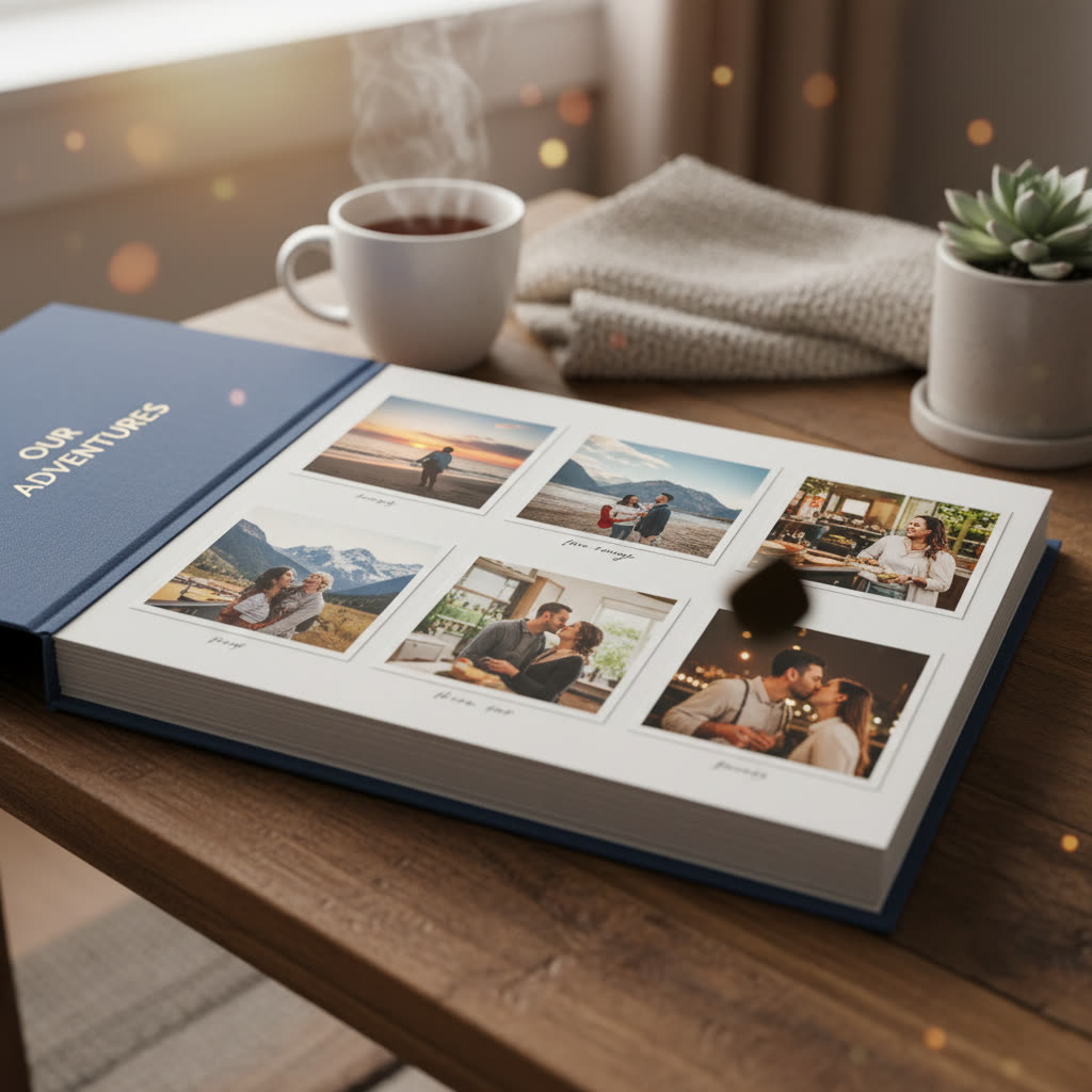 Open photo book of a couple's relationship memories titled Our Adventures
