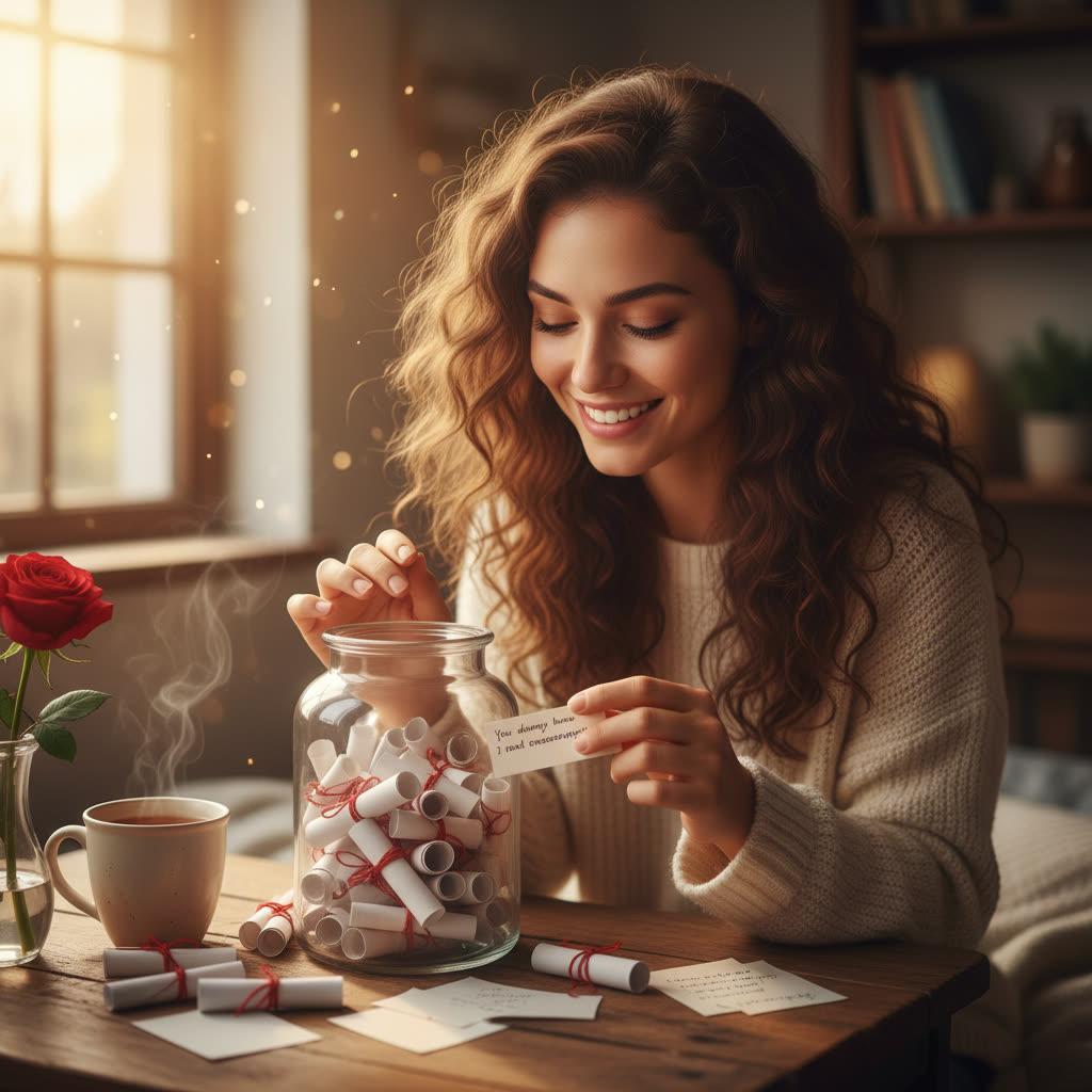 Woman taking a note from a reasons I love you jar at a cozy table