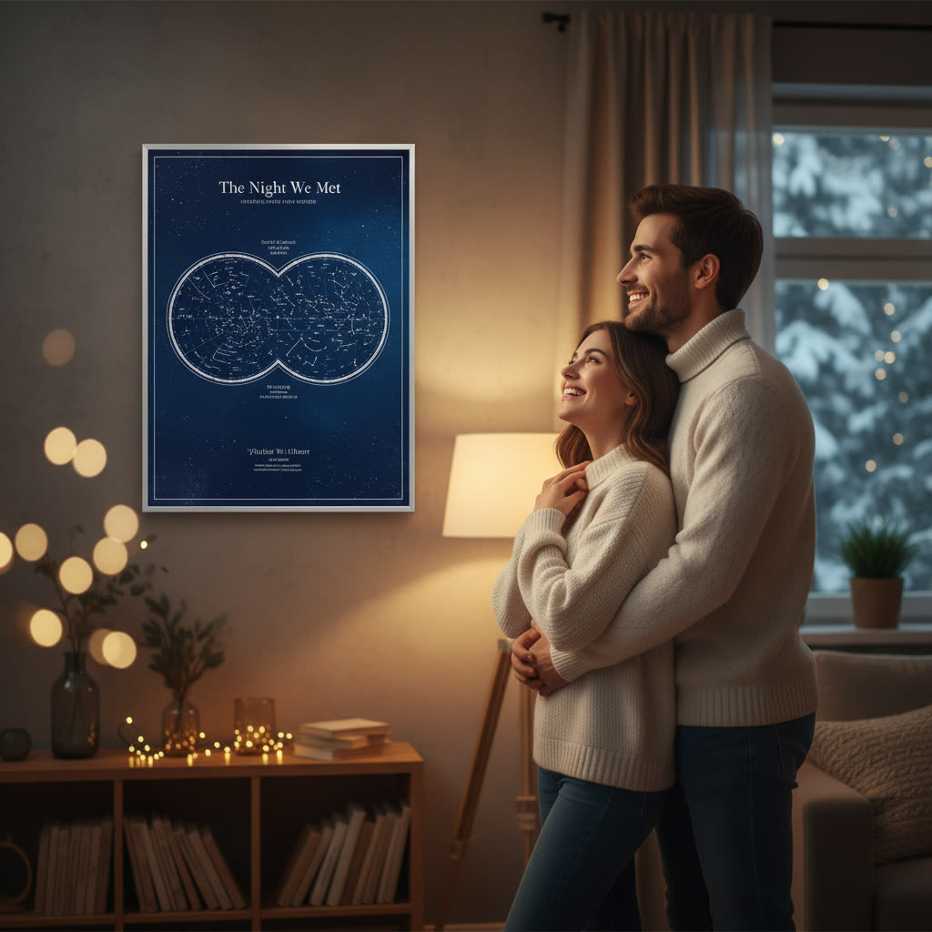 Framed custom star map titled The Night We Met on the wall above a couple at home