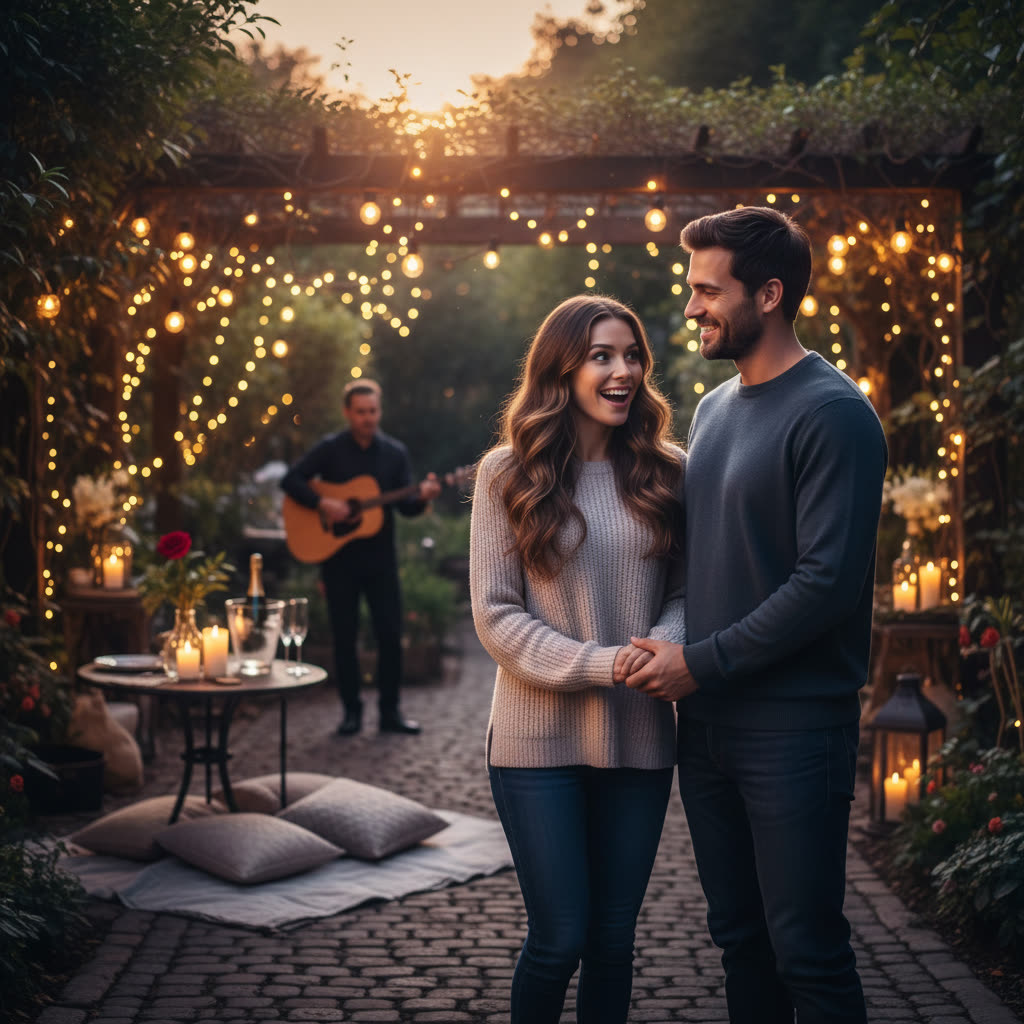 Couple on a surprise date night in a garden lit with warm string lights
