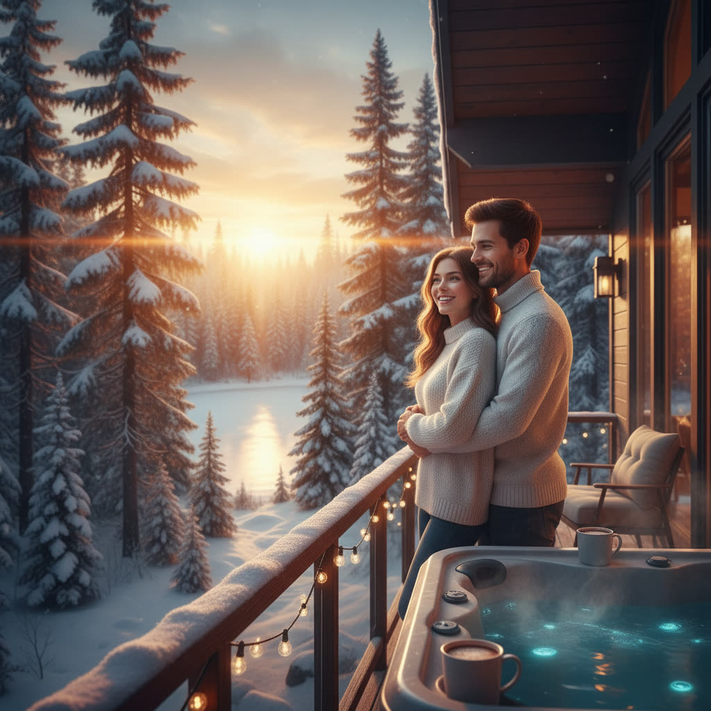 Couple at a cozy snowy cabin getaway with a hot tub at sunset